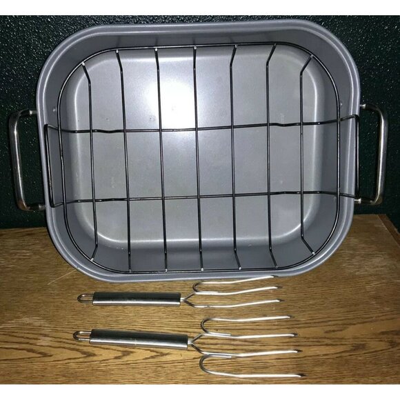 Nonstick Carbon Steel Roasting Pan Set With Rack & Forks By Tools Of The Trade B - Picture 1 of 2